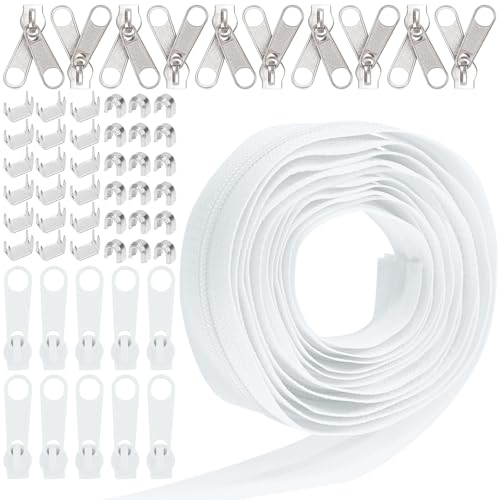 Keadic 81Pcs #5 Nylon Zipper Tape Set mit 10 Yard Nylon Spule Reißverschlüsse, 20 Metall-Reißverschluss-Schieber, 20 unten Stops, 40 Top Stop für DIY Nähen liefert (Weiß) von Keadic