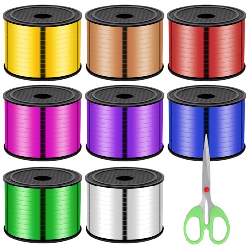 Keadic 9 Pack 8 Farbe Curling Ribbon Sortiment Set mit Cutter, 800 Yards Laser Ballon String Geschenkverpackung Curly Ribbon (Champagner, Braun, Grün, Silber, Blau, Rot, Rosenrot, Lila) von Keadic