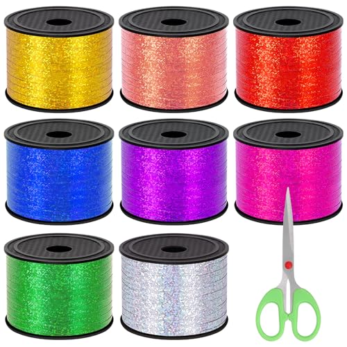 Keadic 9 Pack 8 Farbe Curling Ribbon Sortiment Set mit Cutter, 800 Yards Laser Ballon String Geschenkverpackung Curly Ribbon (Champagner, Gold, Grün, Silber, Blau, Rot, Rose, Lila) von Keadic