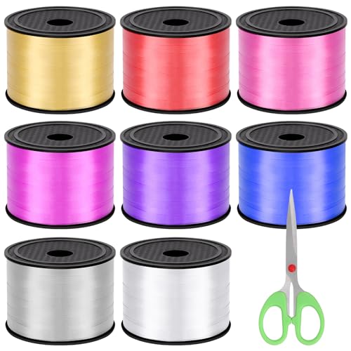 Keadic 9 Pack 8 Farbe Curling Ribbon Sortiment Set mit Cutter, 800 Yards Laser Ballon String Geschenkverpackung Curly Ribbon (Weiß, Gold, Rosa, Silber, Blau, Rot, Rosenrot, Lila) von Keadic