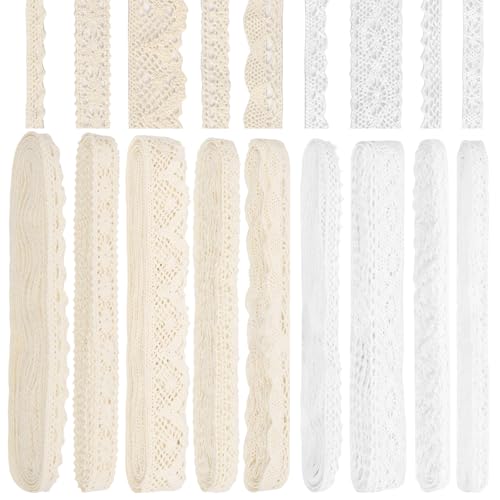 Keadic 9PCS Vintage Ribbon Cotton Lace Trim White Lace Ribbon Lace Crochet Sewing Lace für Hochzeitsdekoration Geschenkverpackung (Beige & Weiß) von Keadic