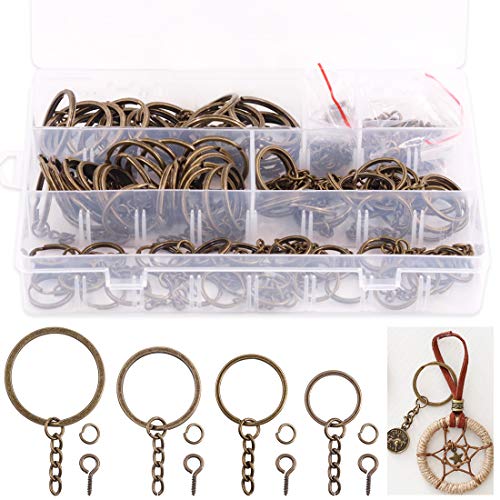 Keadic Schlüsselring-Set aus Bronze, flach, mit Kette und Schraubösen, verschiedene Schlüsselringen für Bastelarbeiten, Schmuckherstellung, vernickelt, 4 verschiedene Größen, 300 Stück von Keadic