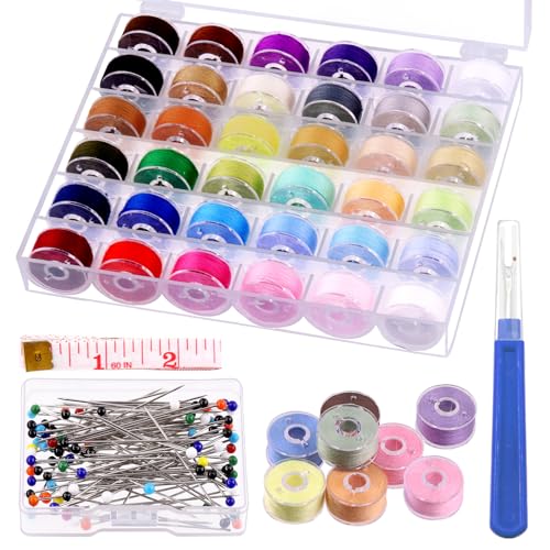 Keadic Spulen und Nähgarn, Größe A, verschiedene Farben, Set mit Etui, Perlennadeln, Nahttrenner und Klebeband, 36 Farben, Standardgröße, Garn für Stick- und Nähmaschinen, Bastelarbeiten, 106 Stück von Keadic