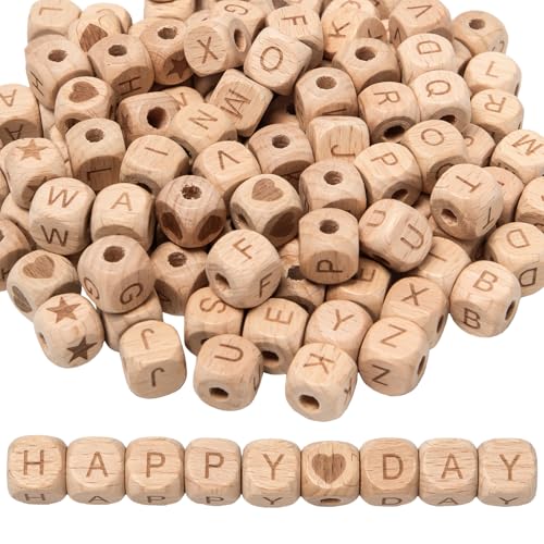 Keboyoe 116 Stück Holzbuchstaben Perlen Set 12 mm Buchstabenperlen Eckig Holz A-Z Alphabet Holzperlen Mit Buchstaben Zum Auffädeln Herz-Sterne Holzperlen für Armbänder, Halsketten, DIY Basteln von Keboyoe