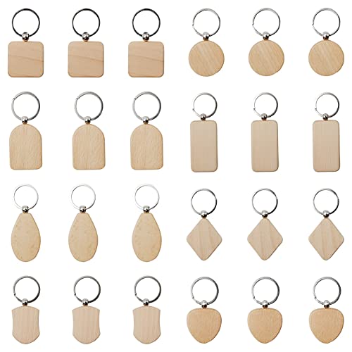 Keboyoe 24 Stück Holz Schlüsselanhänger Blank Holzanhänger Schlüsselanhänger Blanko DIY Schlüsselring Holz für DIY Basteln Handwerk Geschenke 8 Verschiedene Formen von Keboyoe