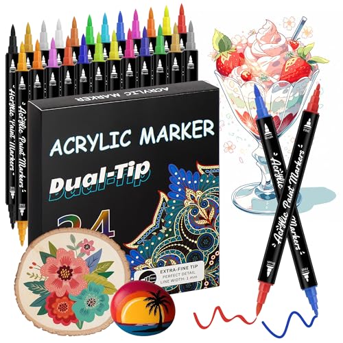 Kebuye Acrylstifte für Steine Wasserfest, 24 Farben Acrylmarker mit Doppelspitze(Pinsel und feine Spitze), Marker Stifte Set für Glas, Holz, Keramik, Stoff, Basteln Ostern und Weihnachten von Kebuye