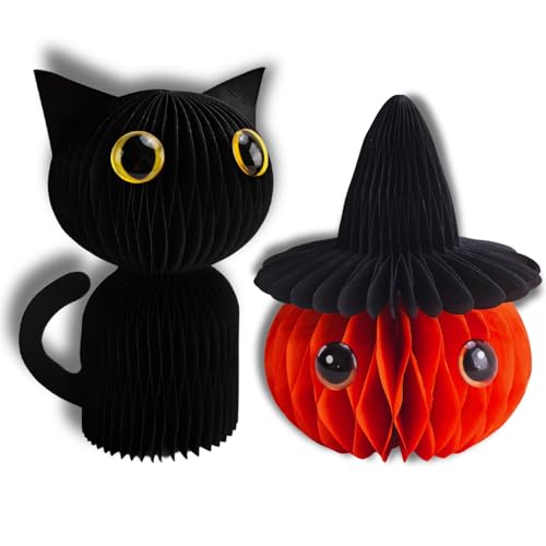 Keepatyart Halloween-Tischdekorationen aus Papier: schwarze Katze und Kürbis mit Hexenhut, 15 cm, Tischdekoration für Zuhause, Schreibtisch, Kaminsims von Keepatyart