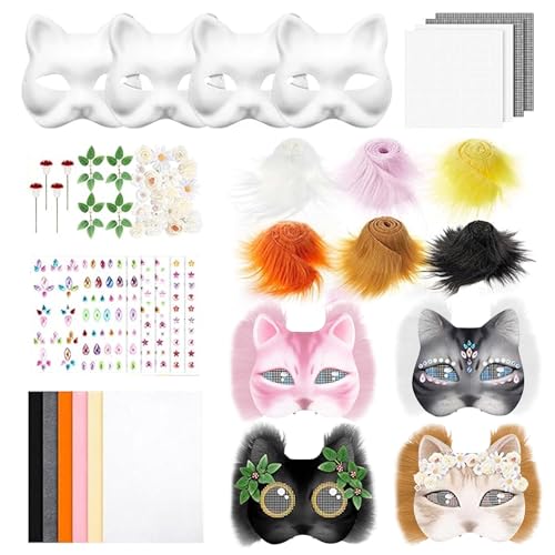 35 Stück Katzenmasken zum Bemalen,DIY Tier Katze Maske DIY Kit mit Fell Augennetzen und Edelsteinaufklebern,Therian Mask,Weiße Halbmasken zum Bemalen von Halloween für Maskerade Cosplay (01) von Keho Keho Kehongdun