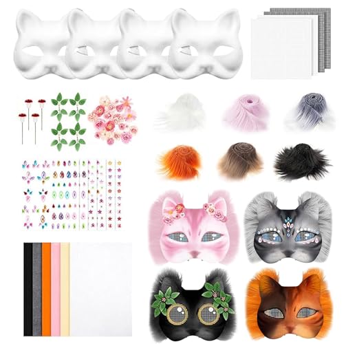 35 Stück Katzenmasken zum Bemalen,DIY Tier Katze Maske DIY Kit mit Fell Augennetzen und Edelsteinaufklebern,Therian Mask,Weiße Halbmasken zum Bemalen von Halloween für Maskerade Cosplay (02) von Keho Keho Kehongdun