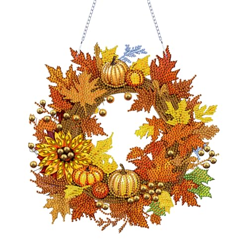 DIY Diamond Painting Halloween Deko Türkranz,5D Diamant Painting Kürbis Kranz,Diamant Anhänger Herbstdeko Kits mit Kette,Diamond Malerei Türkranz Kürbis Herbst Deko Tür Fenster (02) von Keho Keho Kehongdun