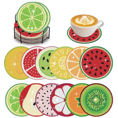 Diamond Painting Erwachsene,12 Stück Diamant Malerei Untersetzer mit Halterung,Cocktail Diamant Tassenuntersetzer,Wiederverwendbare DIY Obst Tassenuntersetzer mit Diamanten und Montagewerkzeuge (01) von Keho Keho Kehongdun
