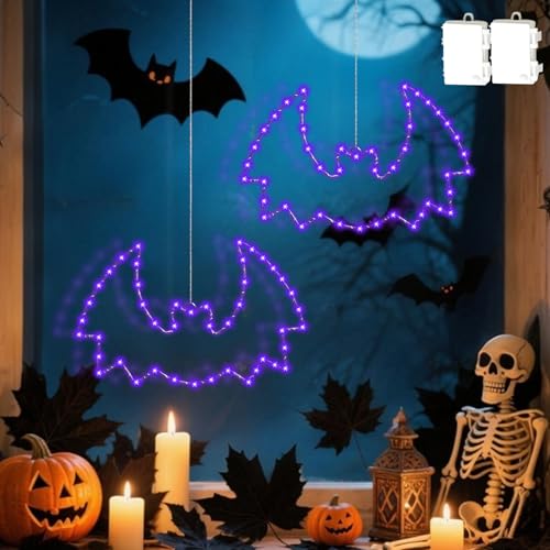 Halloween Deko 2er Pack Lila Fledermaus Fensterlichter,Halloween Lila Fledermaus LED Schnurlicht mit Saugnapf und Timer Funktion,Lichterkette Batteriebetrieben für Fenster Draußen & Innen (02) von Keho Keho Kehongdun