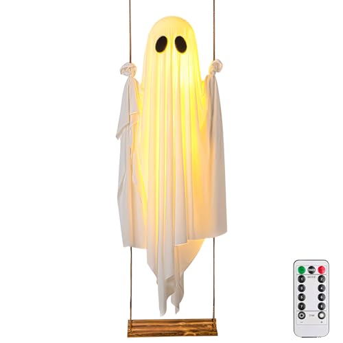 Halloween Deko Geist für den Außenbereich,1M Stehende Hängende Schaukel Geist mit LED Lichterkette und Timer Fernbedienung,Gruselige Niedliche Geister Deko für Halloween Deko Vorgarten (01) von Keho Keho Kehongdun