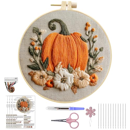 Thanksgiving Stickset für Anfänger,Halloween Kürbismuster Kreuzstich Kit Starter Tools Kit mit Stickrahmen,Farbfäden und Werkzeuge Stickerei Set für Herbstdeco DIY Kunst Handwerk (01) von Keho Keho Kehongdun