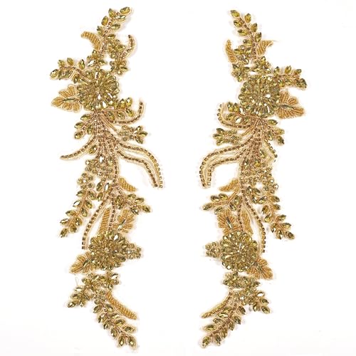 1 Paar Strass-Applikationen, Perlenapplikationen, Verzierungen, glänzende Strasssteine, Spitzenapplikation für Hochzeitskleid, Dekoration, DIY, Nähen, Kleidung (Gold) von Kehuadiy