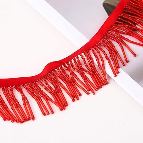 2 Meter Perlenfransenborte Glasperlen Trim Quasten Band Quaste Kette für Kleidung Zubehör DIY Dekoration (rot) von Kehuadiy