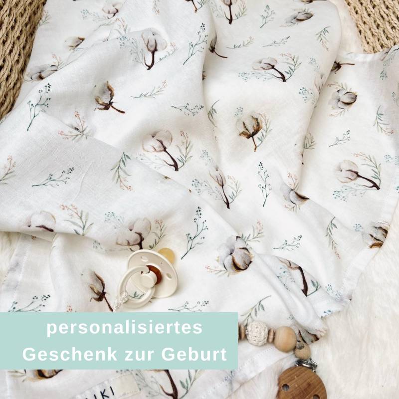 Musselintuch Baby - Geschenk Zur Geburt Spucktuch Personalisiert Mulltuch Knospe Baumwolle Blüte- Zweig von Kejki