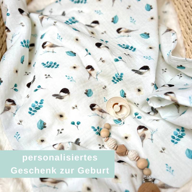 Musselintuch Baby - Geschenk Zur Geburt Spucktuch Personalisiert Mulltuch Vögel Blau von Kejki