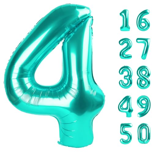 101,6 cm große 4 Luftballon-Zahlen, blaugrün, große Folienballons, riesige Heliumballons zum 14. 24. Geburtstag, Party-Dekorationen für Männer und Frauen, riesige Mylar-Jubiläums-Partyzubehör 101,6 cm große 4 Luftballon-Zahlen, blaugrün, große Folienballons, riesige Heliumballons zum 14. 24. Geburtstag, Party-Dekorationen für Männer und Frauen, riesige Mylar-Jubiläums-Partyzubehör von Kelfuoya