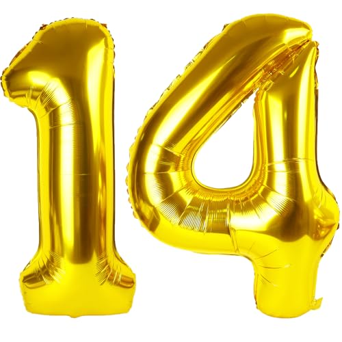 101,6 cm großer goldener Ballon mit Zahl 14, Jumbo-Mylar-Folie, Helium-Ballon für 14 Geburtstag, Geburtstag, Hochzeit, Jahrestag, Party-Dekorationen von Kelfuoya
