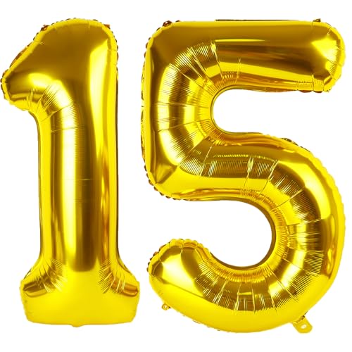 101,6 cm großer goldener Ballon mit Zahl 15, Jumbo-Mylar-Folie, Helium-Ballon für 15 Geburtstag, Geburtstag, Hochzeit, Jahrestag, Party-Dekorationen von Kelfuoya