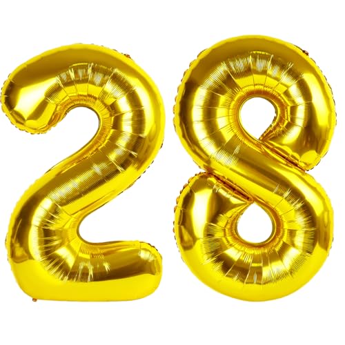101,6 cm großer goldener Ballon mit Zahl 28, Jumbo-Mylar-Folie, Heliumballon für 28 Geburtstag, Party, Hochzeit, Jahrestag, Party-Dekorationen von Kelfuoya