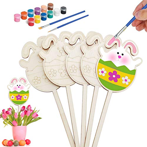 5 unlackierte Holzpfähle, Oster-Ornament-Set mit 2 Pinseln und Farbe, handbemalt, zum Einstecken, für Bastelarbeiten, Gartenarbeit, unlackierte Holzornamente von Kelisdi