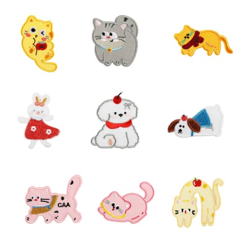 9 Stück Kaninchen Aufnäher / Aufbügler Cartoon Katzen bestickte Patches Hunde Nähen Patches Applikation für Taschendekorationen von Kelisdi