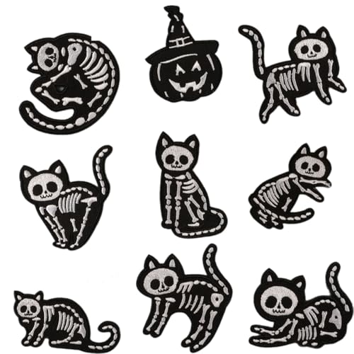 Aufnäher / Bügelbild, Motiv: Totenkopf, Katzen, bestickt, Kürbis, Reparaturflicken für Kleidung, 9 Stück Aufnäher / Bügelbild, Motiv: Totenkopf, Katzen, bestickt, Kürbis, Reparaturflicken für Kleidung, 9 Stück von Kelisdi