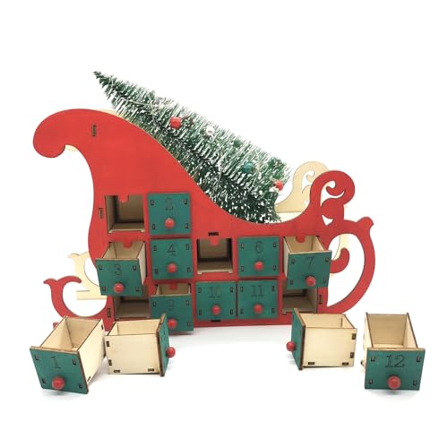 Weihnachtlicher Schlittenbaum Holz Adventskalender Countdown Party Dekor 24 Schubladen mit LED-Licht Wandkalender von Kelisdi