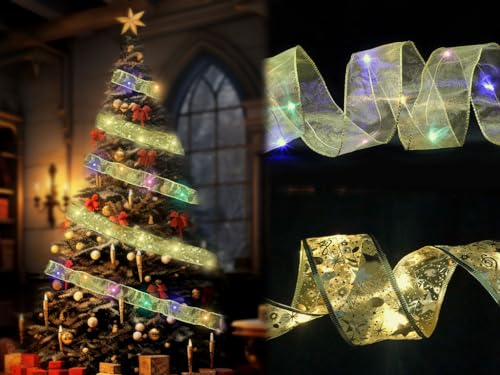 Kellegour 2 Pcs 4M/5M Weihnachtsband Lichter,Glänzende Band Lichterkette,LED-Band-Weihnachtslichter,Weihnachtsband Lichterkette,für Indoor Outdoor Weihnachtsbaumschmuck,Hochzeit,Urlaubsdeko (Gold) von Kellegour