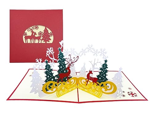 Kellegour 3D Weihnachtsgrußkarte mit Umschlag,3D Pop Up Karte Weihnachten,Popup Klappkarte mit Wald und Hirsch,Weihnachtsgrußkarten mit Umschlägen,Lustige Weihnachtskarten für Kinder,Freunde,Familie von Kellegour