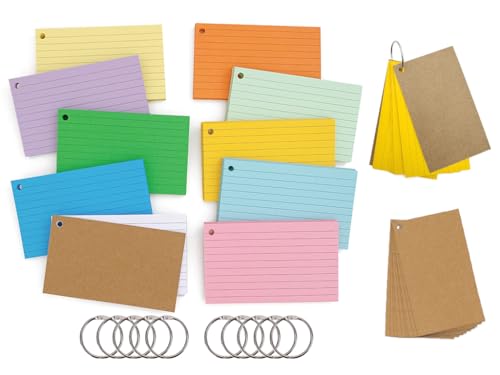 Kellegour 500 Stück Linierte Karteikarten mit 10 Ring, Mehrfarben Lernkarten Flashcards, für Notizen, Lernen, Schule, Büro von Kellegour