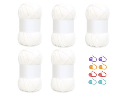 Kellegour Garn zum Häkeln, Dickes Baumwoll-Nylon-Mischgarn, Baumwolle zum Häkeln für Anfänger, Korb Taschen Decken Hüte Spielzeug Schuhe (5x100g) (Weiß) von Kellegour