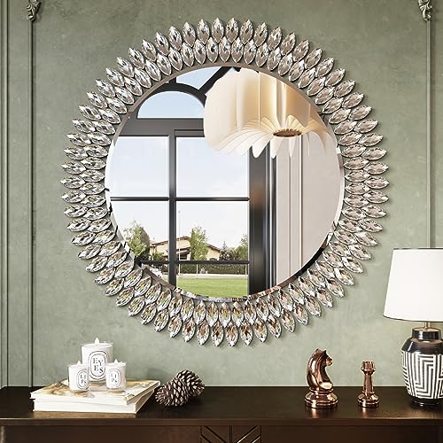 Kelly Miller Runder Spiegel mit Schmucksteinen für Wanddekoration, 81,3 cm, moderner dekorativer Wandspiegel mit luxuriösen Diamanten, abgeschrägter Kosmetikspiegel für Schlafzimmer, Wohnzimmer, von Kelly Miller