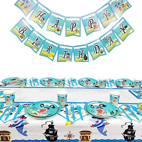 Keloc Piraten-Geburtstagszubehör - Niedliches blaues Piratenhai-Partygeschirr-Set,Blaue Hai-Kuchendekorationen für Ozean-Motto-Geburtstagsparty, Babyparty-Dekoration von Keloc