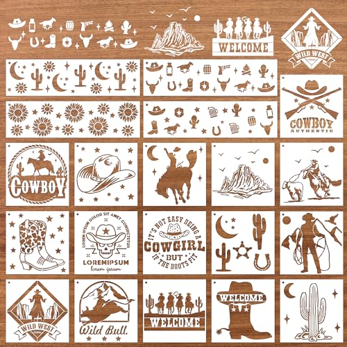 Keluna Western Cowboy & Cowgirl Malschablonen – 20 wiederverwendbare Schablonen für Holz- und Holzverbrennung, Landschafts- und Kaktus-Szenen von Keluna