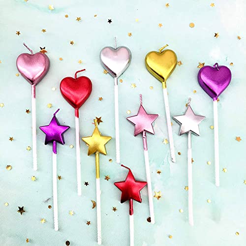 Kemladio 10 niedliche Geburtstagskerzen in Herzform und Stern, mehrfarbig, Kuchendekoration für Party, Hochzeit, Kuchendekoration, Geburtstagskerzen (5 Sterne, 5 Herzen, mehrfarbig) von Kemladio