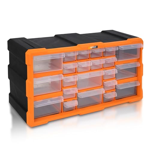 KENDO Kleinteilemagazin Schubladen - Sortierboxen für Kleinteile mit 22 Schubladen - Maße 49.5 x 16 x 25.5 cm - Robuster Polypropylen-Rahmen - Schrauben Sortierkasten für Wandmontage geeignet… von Kendo