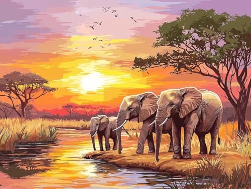 Malen Nach Zahlen Erwachsene, Malen Nach Zahlen Kinder ab 7-10, Handgemalt Ölgemälde Kreativ Set, Elefanten Sonnenuntergang Paint by Numbers, Home Office Wand Dekoration (Ohne Rahmen 80x100cm) H-28 von Keoxco