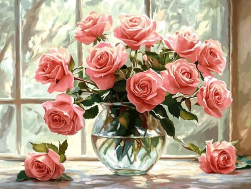 Malen Nach Zahlen Erwachsene, Malen Nach Zahlen Kinder ab 7-10, Handgemalt Ölgemälde Kreativ Set, Fenster Rose Paint by Numbers, Home Wand Dekoration, Geburtstag Geschenk (Ohne Rahmen 30x40cm) H-20 von Keoxco