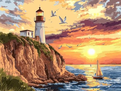 Malen Nach Zahlen Erwachsene, Malen Nach Zahlen Kinder ab 7-10, Handgemalt Ölgemälde Kreativ Set, Schiff Sonnenuntergang Paint by Numbers, Home Office Wand Dekor, Geburtstag Geschenk (40x50cm) H-16 von Keoxco