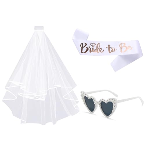 3 Stück JGA Accessoires Frauen- Schleier JGA Weiße, Bride to Be Schärpe, Herz Sonnenbrille Perle, JGA deko frauen - Hochzeit Fotorequisiten Spiele Zubehör für Bachelorette Party 3 Stück JGA Accessoires Frauen- Schleier JGA Weiße, Bride to Be Schärpe, Herz Sonnenbrille Perle, JGA deko frauen - Hochzeit Fotorequisiten Spiele Zubehör für Bachelorette Party von Keratobleem