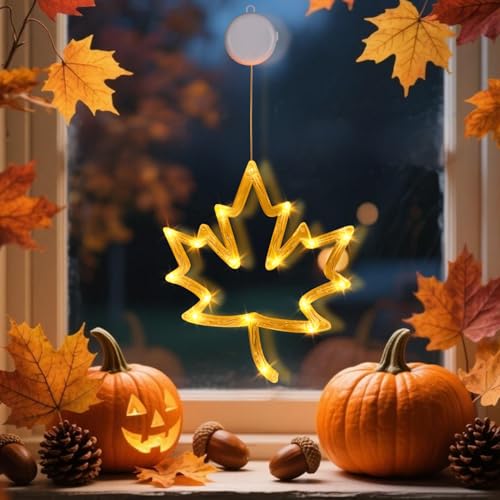 Kertaym Herbst Fenster Ahornblatt Kürbis Lichterkette Mit Saugnapf Batteriebetrieben Für Herbst Und Halloween Fensterverzierungen (A) von Kertaym