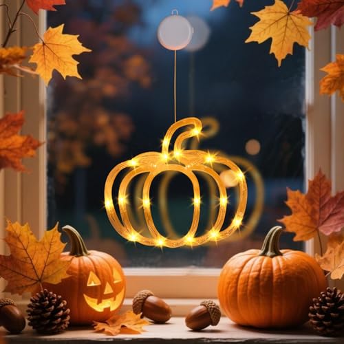 Kertaym Herbst Fenster Ahornblatt Kürbis Lichterkette Mit Saugnapf Batteriebetrieben Für Herbst Und Halloween Fensterverzierungen (B) von Kertaym