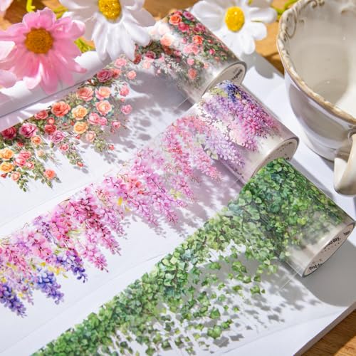 Kesari 3 Rollen Scrapbooking Stickers Tape,Bullet Journal Zubehör Transparent Schlingpflanze Serie Sticker Tape für DIY Bullet Journaling,Planer,Scrapbooking(Climbing Rose) von Kesari