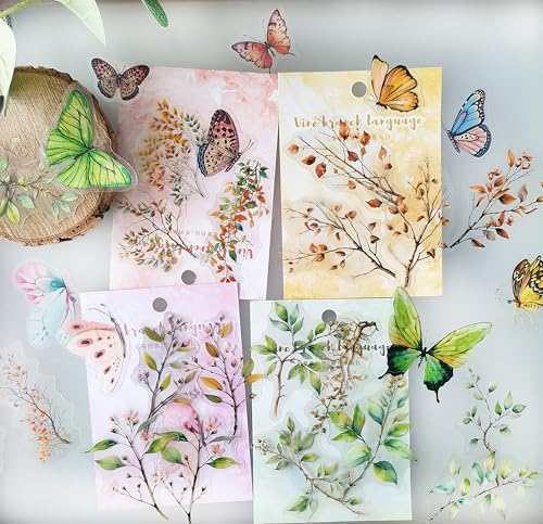 Scrapbooking Journal Zubehör Scrapbook Stickers,PET Pflanzen Schmetterling Serie Scrapbook Zubehör Sticker für Fotoalbum,Notebook,Journaling(Branches and Butterflies) von Kesari