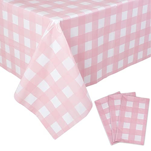 Kesfey 3 Pack rosa Gingham Kunststoff Tischdecken 54x108in, Einweg Karierten Rechteck Tischdecke wasserdicht und spritzwassergeschützt Tischabdeckungen für Party Supplies von Kesfey