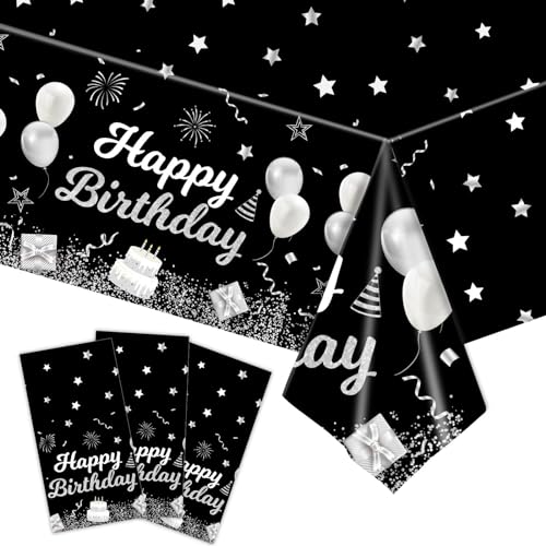 Kesfey Happy Birthday Tischdecken Happy Birthday Dekorationen, Kunststoff-Tischdecke, rechteckig, abwischbar, für Babyparty, Geburtstagsparty, 274 x 137 cm, Silber und Schwarz, 3 Stück Kesfey Happy Birthday Tischdecken Happy Birthday Dekorationen, Kunststoff-Tischdecke, rechteckig, abwischbar, für Babyparty, Geburtstagsparty, 274 x 137 cm, Silber und Schwarz, 3 Stück von Kesfey