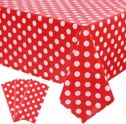 Kesfey Kunststoff-Tischdecken für rechteckige Tische, 137 x 274 cm, rote gepunktete Tischdecke für Geburtstags- und Mickey-Maus-Mottoparty-Dekorationen (Rot und Weiß), 3 Stück von Kesfey